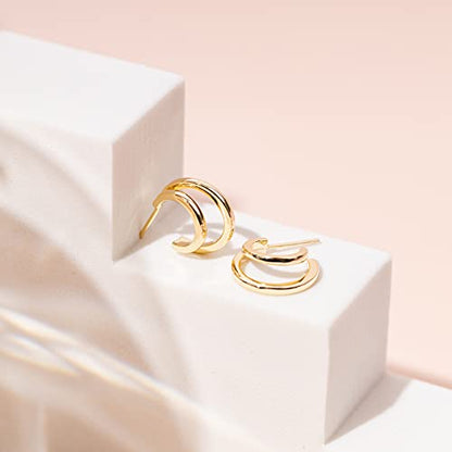 PAVOI 14K Gold Plated Multi Huggie Hoop Earrings for Women - 925 Sterling Silver Posts Triple Split Hoop Gold Earrings for Women - Trendy Fashion Jewelry - style: Double