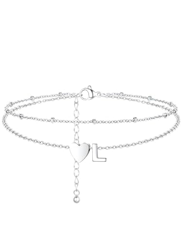 Ankle Bracelets for Women Waterproof 14K Gold/Silver/Black Initial Anklet for Women Dainty Layered Heart Ankle Bracelets Stainless Steel Adjustable Foot Chain Anklet Summer Beach Jewelry - color: L-Silver