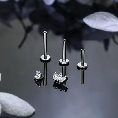 Titanium Flat Back Lip Rings Internally Threaded Earrings Studs Nose Rings 16G Opal CZ Tragus Cartilage Lobe Rook Helix Conch Labret Medusa Piercing Jewelry for Women Men W Piercing Taper Set - style: Three CZ