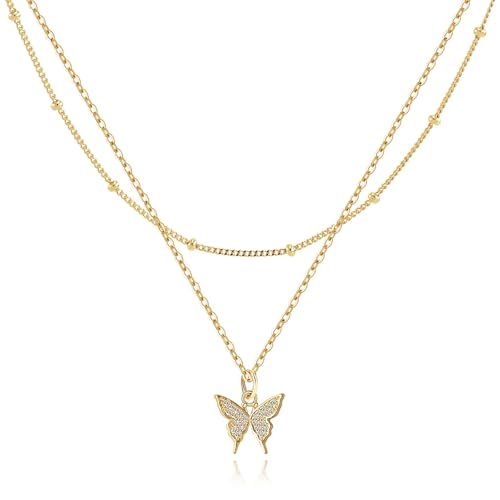 MJartoria 14K Gold Plated Gold Layered Necklace, Heart Butterfly Star Moon Pendant Necklace for Women, Dainty Jewelry Gifts for Mom, Wedding, Party, Daily Wear - style: Butterfly