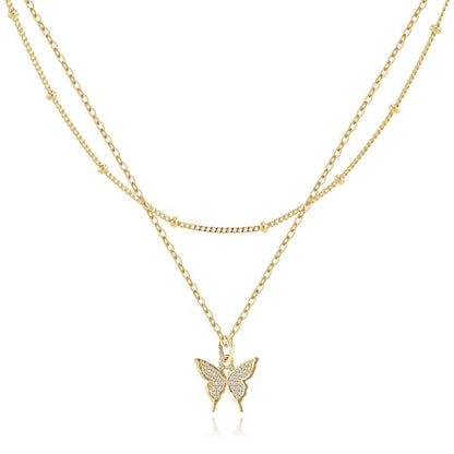 MJartoria 14K Gold Plated Gold Layered Necklace, Heart Butterfly Star Moon Pendant Necklace for Women, Dainty Jewelry Gifts for Mom, Wedding, Party, Daily Wear - style: Butterfly