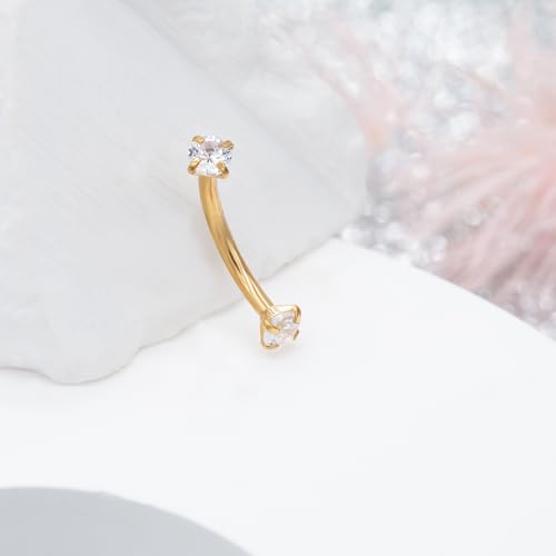 2 Pcs 14k Gold Filled Eyebrow Rings, 16G Threaded Rook Piercing Jewelry, Surgical Steel Vertical Lip Labret Belly Tongue Ring Daith Earring Curved Barbells - color: 10mm-1pcs CZ