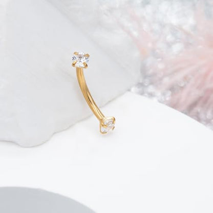 2 Pcs 14k Gold Filled Eyebrow Rings, 16G Threaded Rook Piercing Jewelry, Surgical Steel Vertical Lip Labret Belly Tongue Ring Daith Earring Curved Barbells - color: 10mm-1pcs CZ