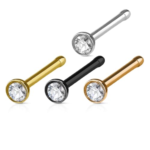 316L Surgical Steel Nose Studs with Crystals - Gold, Black, Rose Gold, and Steel Nose Ring Options - 22GA, 20GA, 18GA - Clear Cubic Zirconia - 1/4" Length - style: 18GA - 4 PIECE NOSE BONE COMBO *GOLD, STEEL, ROSE GOLD, BLACK*