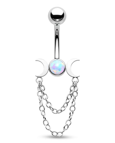 Moon Phase Belly Button Rings Double Chain Belly Rings 316L Stainless Steel Belly Button Piercing Jewelry 14Gauge Belly Ring for Women - color: Opal