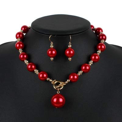 XAM 2PCS/set Large Simulated Pearl Necklace and Stud Earring for Women Brides Chunky Pearl Retro Costume Necklace Set Statement Wedding Jewelry 1920s Costume Jewelry Set - color: Red