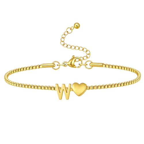 Gold Initial Bracelet for Women Dainty Personalized Name Bracelet | 14K Gold Plated, Letter A-Z Bracelet, Tiny Gold Initial Cute Heart Bracelet Jewelry Gift - color: W