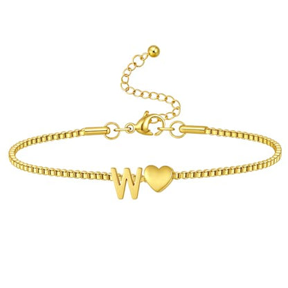 Gold Initial Bracelet for Women Dainty Personalized Name Bracelet | 14K Gold Plated, Letter A-Z Bracelet, Tiny Gold Initial Cute Heart Bracelet Jewelry Gift - color: W