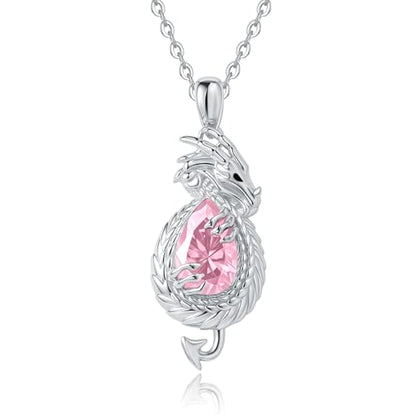Dragon Necklace Sterling Silver Wyvern Pendant Jewelry with Teardrop Birthstone Gifs for Women - style: Dragon necklace-Pink stone