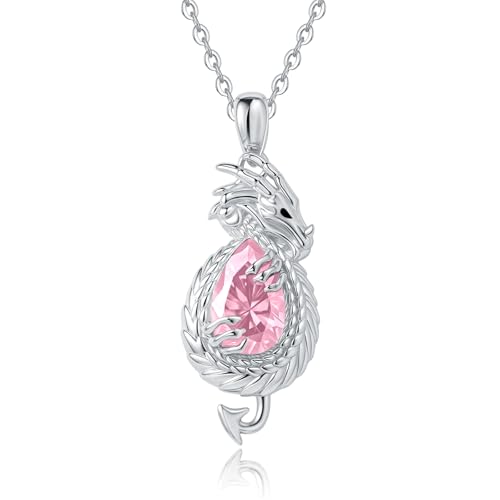 Dragon Necklace Sterling Silver Wyvern Pendant Jewelry with Teardrop Birthstone Gifs for Women - style: Dragon necklace-Pink stone