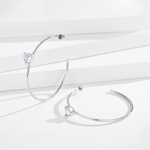 Large Gold Hoop Earrings for Women 14k Gold Plated with 925 Sterling Silver Post Big Open Hoops Earrings Trendy Cubic Zirconia Heart Hoop Earrings Jewelry Gifts for Women - color: silver 40mm