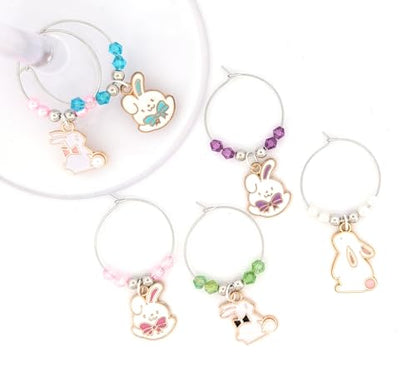 Pixie Easter Wine Charms – Set of 6 Bunny Rabbit Glass Markers, Easter Gifts, Spring Party Favors, Table Decor, Wine Glass Identifiers