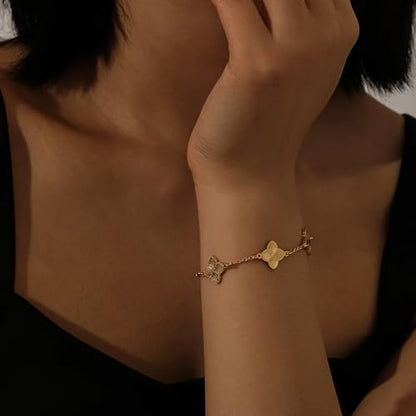 Qitian Clover Bracelet for Women 18K Gold Four Leaf Pink Lucky Link Clover Bracelets, Trendy Bracelets Set Jewelry Gifts for Women - color: E-Gold