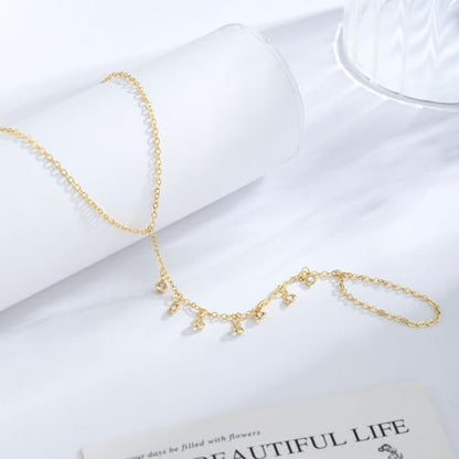 MFRYK Gold/Silver Bracelets For Women,Trendy 14k Gold/Silver Plated lightweight Dainty Chunky Thin Cuban Link Paperclip Chain Tennis Bangle Bracelets Stack Set,Ring Hand Chain Bracelet,Gold Jewelry Gift For Women Fashion Accessories - style: 7CZ hand chai