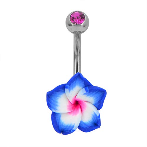 Assorted Set 14 Gauge 3/8 Inch 316L Surgical Steel Barbell Belly Button Navel Rings Dangles Boho Hawaiian Plumeria Flower - style: 4 Belly Rings