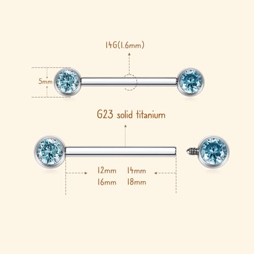 AROWRO Nipple Piercing Jewelry Nipple Rings Titanium Nipple Rings Implant Grade Hypoallergenic 14G Internally Threaded Straight Barbells with Cubic Zirconia Opal Gold Silver Rose Gold Black 12mm 14mm 16mm 18mm 20mm - color: Silver+Clear Blue CZ