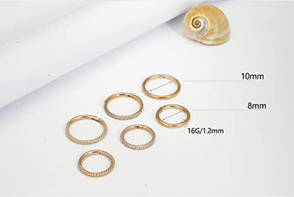 16G 18G 6mm 8mm 10mm Hinged Clicker Segment CZ Twisted Clicker Nose Rings Hoop Helix Cartilage Daith Tragus Sleeper Earrings Body Piercing for Women Men - style: 16G - 8mm - 3Pcs Gold