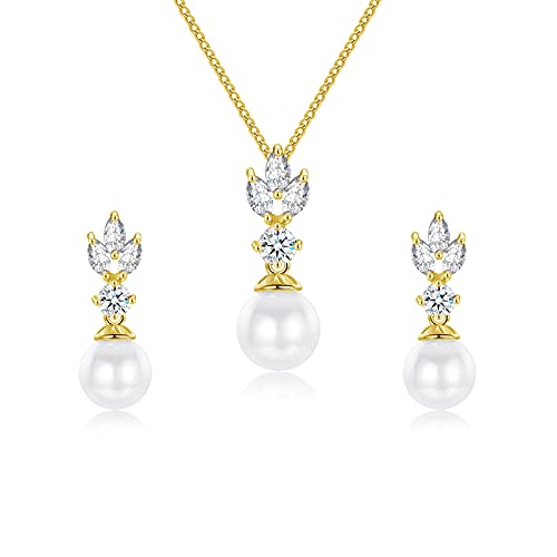 Wedding Jewelry for Bride Bridesmaid, Pearl Dangle Earrings and Pendant Necklace Set Bridal Jewelry for Promise Wedding Party - color: 4.2#gold-Necklace/Earrings