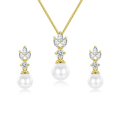 Wedding Jewelry for Bride Bridesmaid, Pearl Dangle Earrings and Pendant Necklace Set Bridal Jewelry for Promise Wedding Party - color: 4.2#gold-Necklace/Earrings