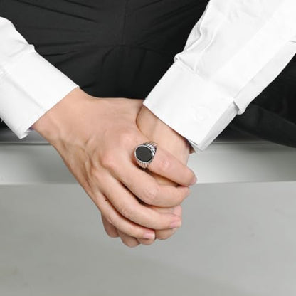 Oval Zircon Men's Grooved Signet | Retro Chunky Stainless Steel Geometric Band, Cool Industrial Statement Jewelry for Him, Biker Fashion Accessory - color: Round Silver