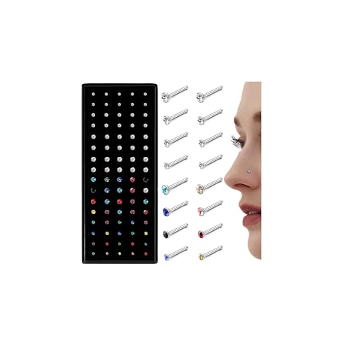 LOLIAS 80-160Pcs Surgical Steel Nose Rings Studs for Women Hypoallergenic | Straight or L Shaped Small Nose Studs Pin,Hypoallergenic 20G 22G Tiny Bone Nose Piercing Jewelry, 1.5/2/2.5/3 mm CZ Mix - color: 80Pcs 20G Straight（white&multicolor）
