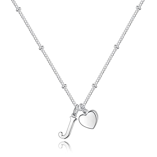 Heart Initial Necklaces for Girls, Letter A-Z Silver Necklace | Silver Plated, Heart Initial Necklaces for Girls, Necklace for Women, Teen Girl Gifts, Dainty Heart Necklaces, Birthday Gifts - color: J