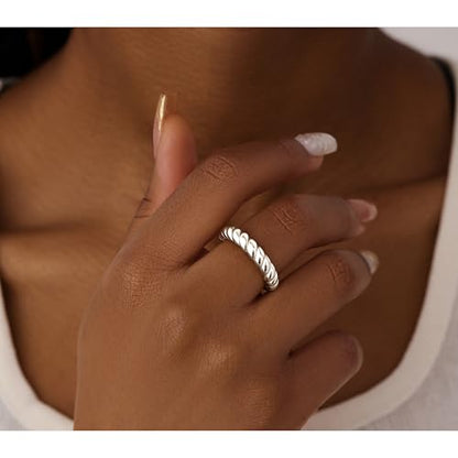Non Tarnish Gold Chunky Rings for Women, 14K Gold Plated Statement Dome Rings Stacking Silver, Adjustable Mens Eternity Wedding Band Mixed Metal Jewelry Size 3-13 - color: Silver, size: 7, style: Chunky Twist Band