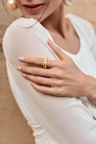 Cicy Bell Initial Rings for Women 18k Gold Plated Adjustable Rings | Open Signet Rings, Bold Letter, Personalized Engraved, For Party - color: Initial-H