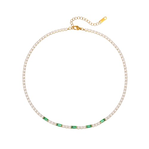 Tennis Necklaces for Women 18K Gold Plated White Red Green Blue Cubic Zirconia Necklaces Dainty Rhinestone Choker Necklaces Trendy Faux Diamond Tennis Chain 3mm - color: Green Tennis Choker-Gold