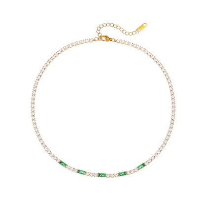 Tennis Necklaces for Women 18K Gold Plated White Red Green Blue Cubic Zirconia Necklaces Dainty Rhinestone Choker Necklaces Trendy Faux Diamond Tennis Chain 3mm - color: Green Tennis Choker-Gold