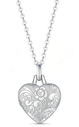 YOUFENG Love Heart Locket Necklace That Holds Pictures S925 Silver Photo Lockets Gifts for Women Jewelry - style: Floral Locket