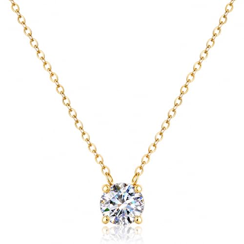18K Gold Plated Pendant Necklace for Women, 1.2 Carat 7mm Cubic Zirconia Solitaire Dainty Necklace, Anniversary Birthday Mothers Day Gift Adjustable Chain - color: Yellow Gold