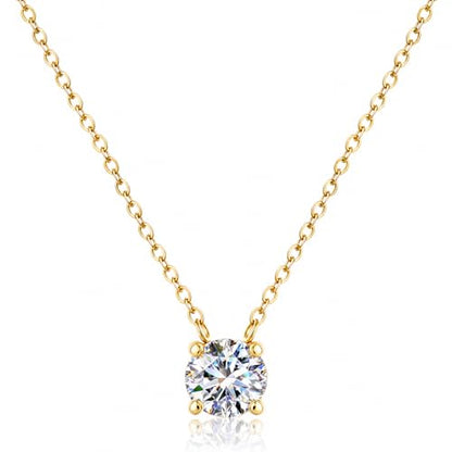 18K Gold Plated Pendant Necklace for Women, 1.2 Carat 7mm Cubic Zirconia Solitaire Dainty Necklace, Anniversary Birthday Mothers Day Gift Adjustable Chain - color: Yellow Gold