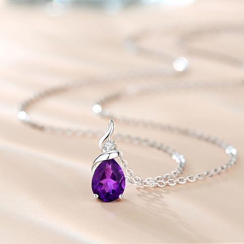 FANCIME 14K Solid White Gold Birthstone Pendant Necklace for Women with Diamond Pear Shaped Teardrop Necklace Birthday Gifts for Mom Women,Sterling Silver Chain 16" + 2" Extender - color: 02-Amethyst
