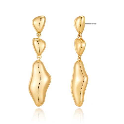 Gold Dangle Earrings for Women,Chunky 14K Gold Plated Drop Dangle Stud Earrings Long Statement Hammered Earring Hypoallergenic Jewelry for Women Gifts - style: Irregular-GD