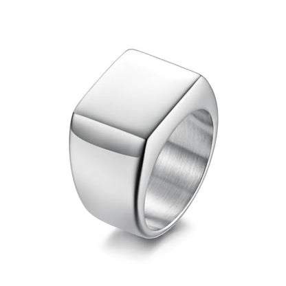 Kemstone Square Signet Ring for Men - Stainless Steel Flat Top Heavy Geometric Silver Gold Black - color: Silver, size: 9#