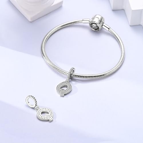 Hapour Letter 925 Sterling Silver Charm with Cubic Zirconia Alphabet A-Z Initial Dangle Charms Beads Pendent DIY Jewelry for Bracelets Necklace - color: Q