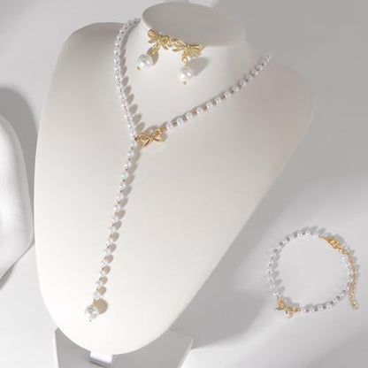 Raicegs Pearl Jewelry Set for Women Wedding Pearl Necklace Bracelet Earrings Set Bride Bridesmaid Dainty Jewelry Gift for Women - color: Bow Jewelry