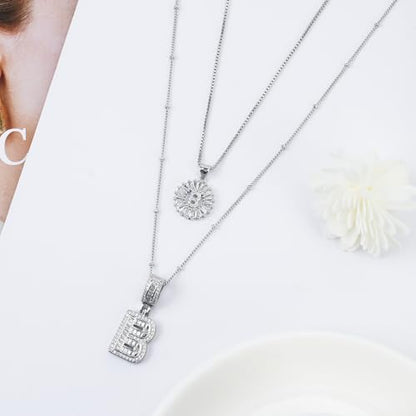 14K Gold Plated Alphabet Necklace Cubic Zirconia Letter Pendant, Personalized Name Jewelry Gift for Women, Customizable A-Z, Birthday/Mothers Day Gifts for Womens - color: White Gold, style: Style-B