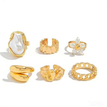 Gold Rings for Women Non Tarnish Boho Stackable Adjustable Open Rings Set Finger Knuckle Stacking Ring Packs Jewelry Gift - color: Gold Flower Chunky Rings 6Pcs