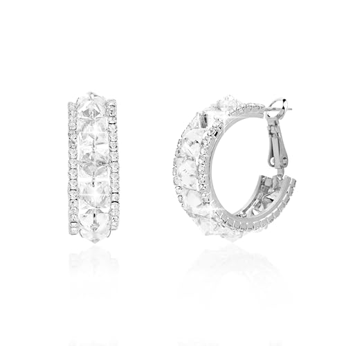 Sonateomber Gold Chunky Crystal Hoop Earrings for Women, Trendy Statement Sparkly CZ Rhinestone Thick Open Hoops Earings Hypoallergenic Wedding Prom Everyday Accessories Fashion Jewelry Gift - color: Silver CZ