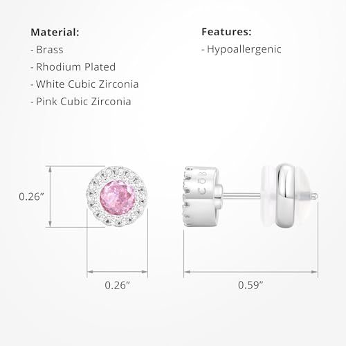 CoBi Halo Stud Earrings for Women, Cubic Zirconia Earrings, Birthstone Heart Earrings Simulated Diamond Valentine's Day - color: Pink