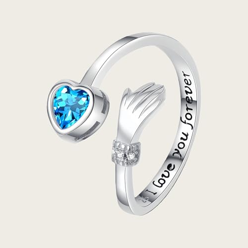 Granddaughter Daughter Hug Ring For Hope Rings, Stainless Steel Inspirational Jewelry Engraved Always With You Love You Forever Message Adjustable Non Tarnish Jewelry Birthday Gift Card - color: LYF Blue Diamond