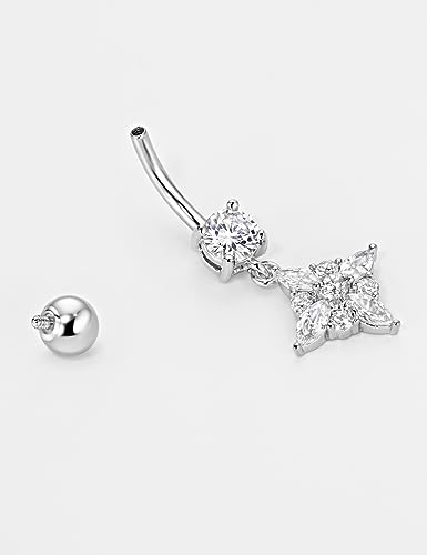 Belly Button Ring Dangle, Cross Belly Button Ring, Navel Piercing | 316L Surgical Steel, AAA+ Cubic Zirconia, Nickel-Free, Hypoallergenic, Multi-Style, 14 Gauge 10 mm Screw On Piercing Stud - style: Dangling Square