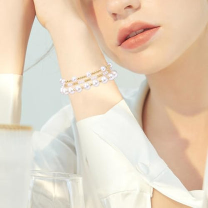 Ornaland Pearl Bracelets for Women Gold Beaded Bracelets Stackable Bracelets Set Stretch Summer Beach Jewelry for Women - style: Style A-6pcs
