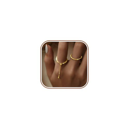 925 Sterling Silver Adjustable Link Chain Rings for Women Daughter | Dainty 14k Gold Plated Evil Eye/Cross/Flower Ring Sparkly Twist Rope with Bead Dangle Stackable Ring Jewelry Birthday Gifts - color: Gold