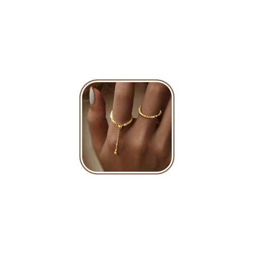 925 Sterling Silver Adjustable Link Chain Rings for Women Daughter | Dainty 14k Gold Plated Evil Eye/Cross/Flower Ring Sparkly Twist Rope with Bead Dangle Stackable Ring Jewelry Birthday Gifts - color: Gold