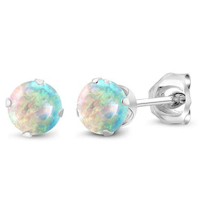 Gem Stone King 925 Sterling Silver Round 4MM Gemstone Birthstone Stud Earrings For Women Men - style: White Opal, October