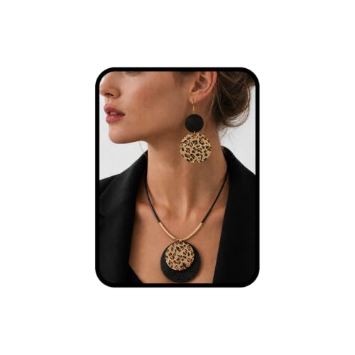 Statement Necklace and Earrings Set – 2PCS Gold Silver Chunky Geometric Pendant Jewelry with Snake Chain, Asymmetrical Ellipse Y-Necklace Metallic Fashion Jewelry for Women - color: D:Leopard Pattern
