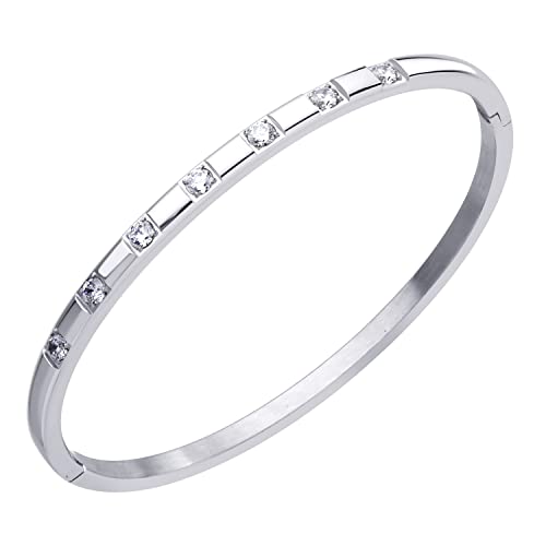 555Jewelry Stainless Steel Thin CZ Cuff Hinged Bangle Bracelet for Women - color: Silver